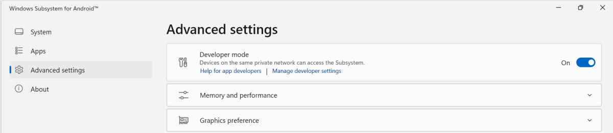 Windows Subsystem for Android - Advanced Settings - Developer Mode