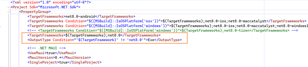 .NET MAUI Project File - Base TFM and Conditional OutputType